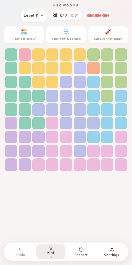Meowdoku Level 11 starting board in the cat puzzle game