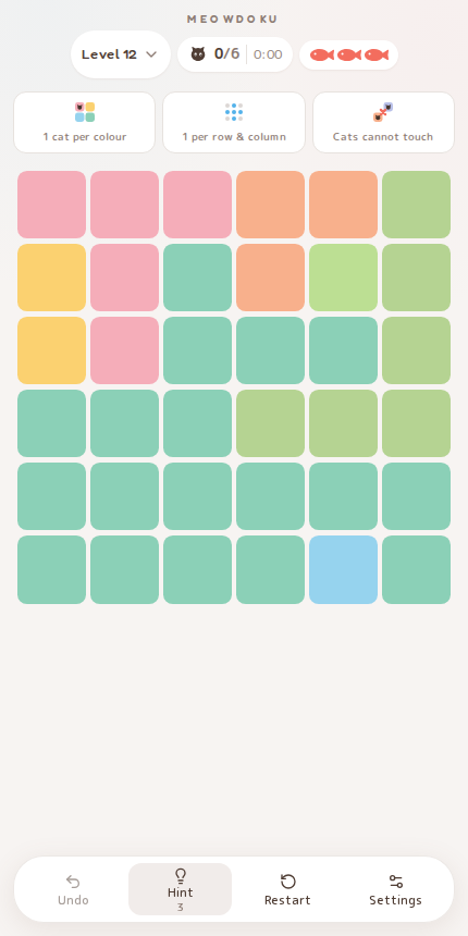 Meowdoku Level 12 starting board in the cat puzzle game