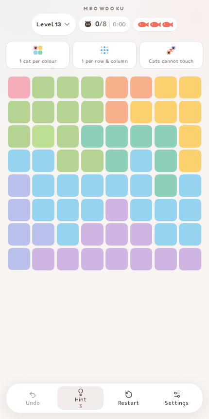 Meowdoku Level 13 starting board in the cat puzzle game