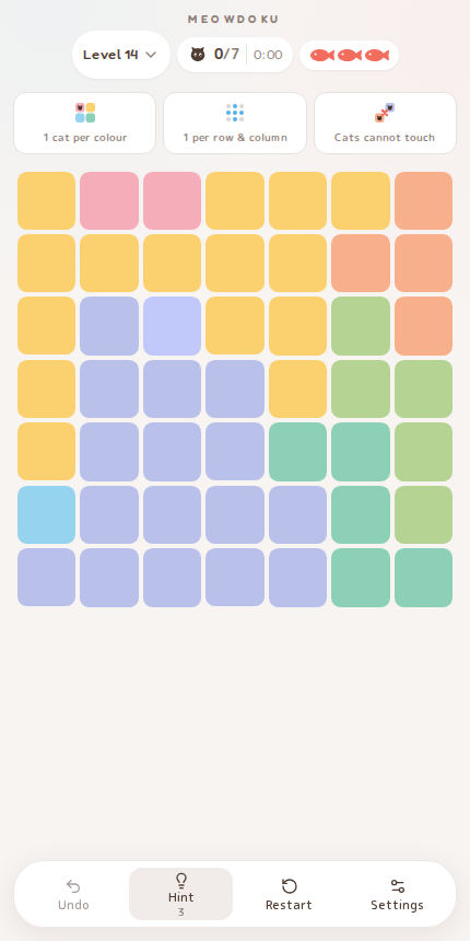 Meowdoku Level 14 starting board in the cat puzzle game