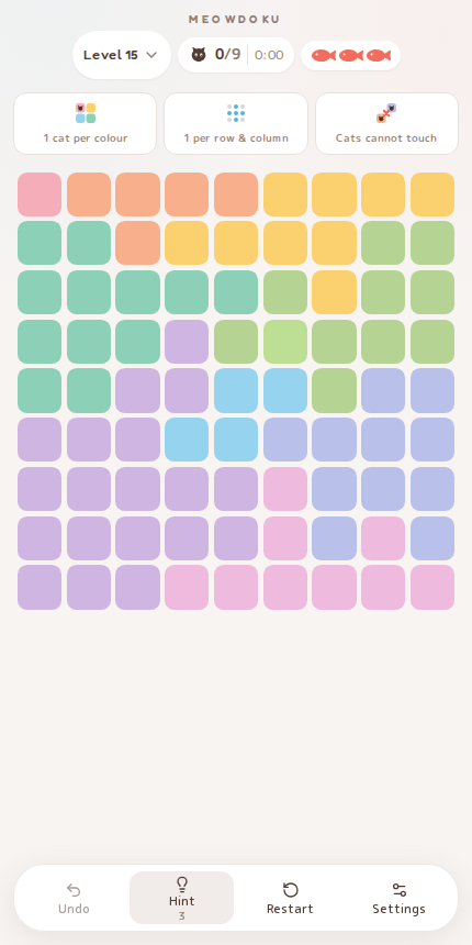 Meowdoku Level 15 starting board in the cat puzzle game