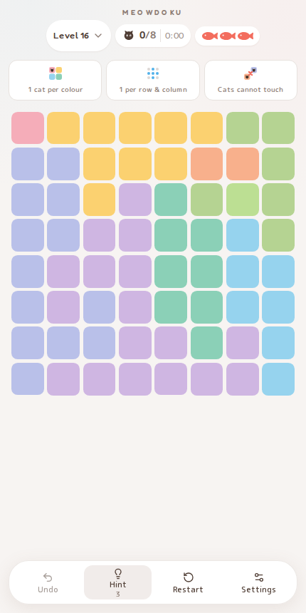 Meowdoku Level 16 starting board in the cat puzzle game