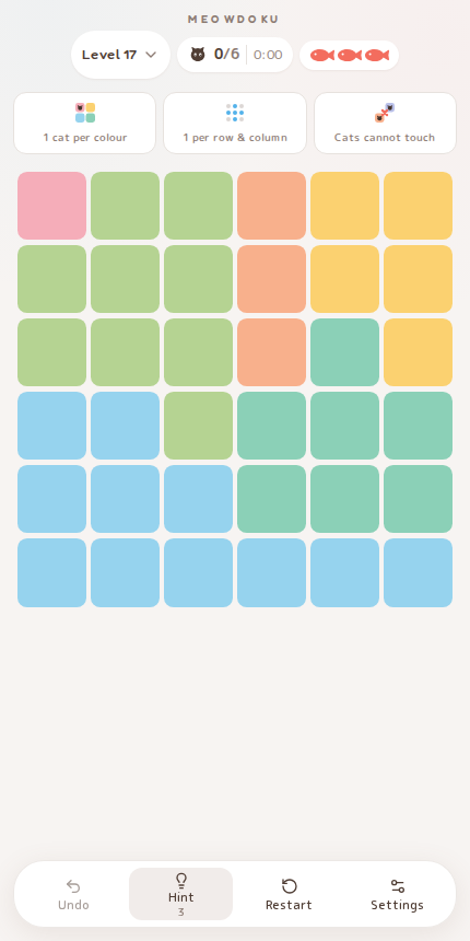 Meowdoku Level 17 starting board in the cat puzzle game