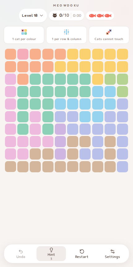 Meowdoku Level 18 starting board in the cat puzzle game