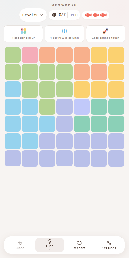 Meowdoku Level 19 starting board in the cat puzzle game