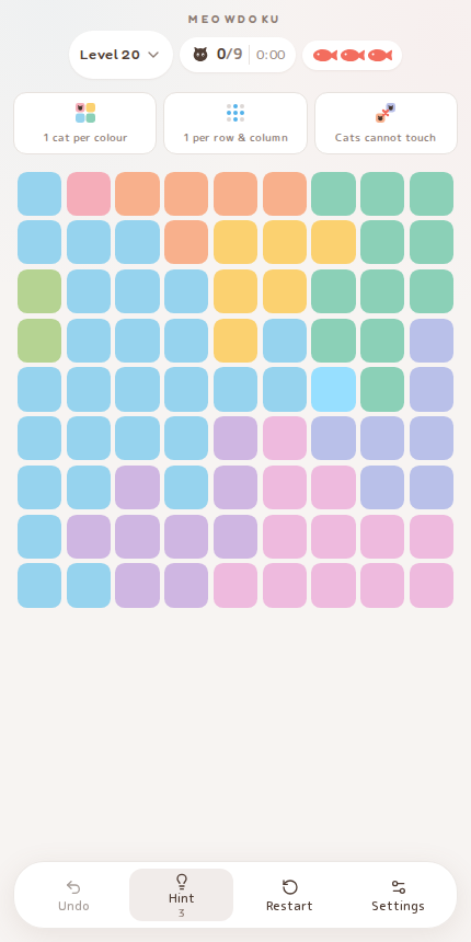 Meowdoku Level 20 starting board in the cat puzzle game