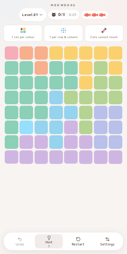 Meowdoku Level 21 starting board in the cat puzzle game