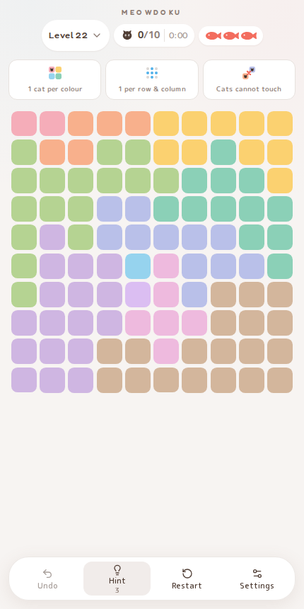 Meowdoku Level 22 starting board in the cat puzzle game