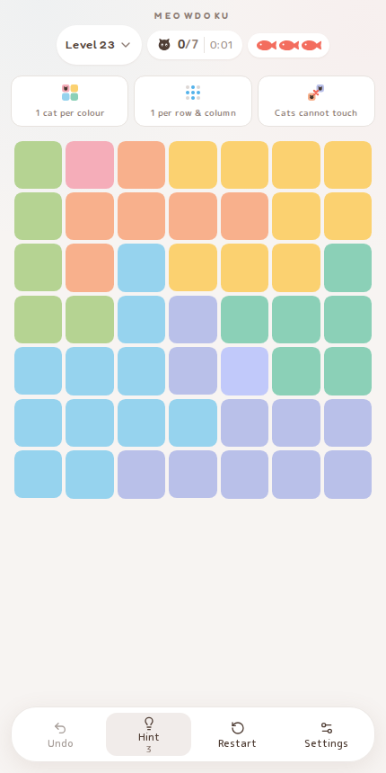 Meowdoku Level 23 starting board in the cat puzzle game