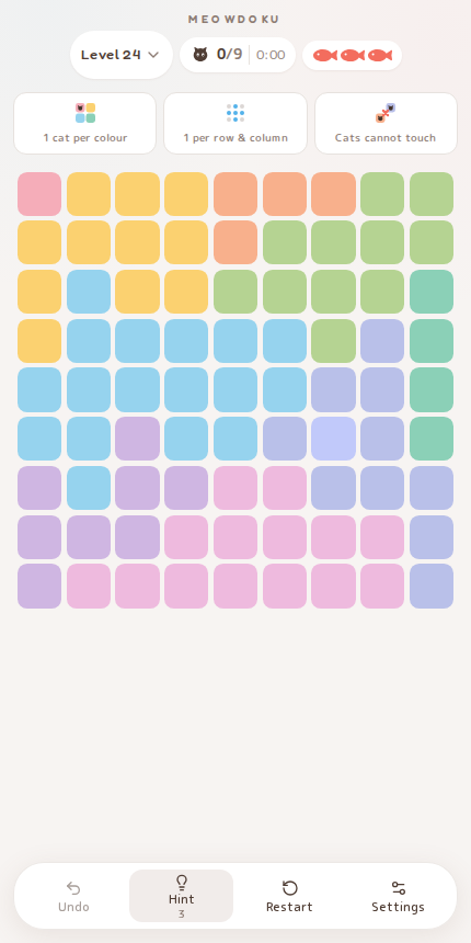 Meowdoku Level 24 starting board in the cat puzzle game