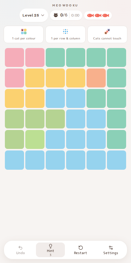 Meowdoku Level 25 starting board in the cat puzzle game