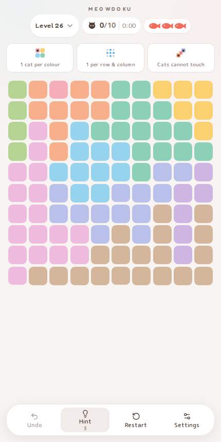 Meowdoku Level 26 starting board in the cat puzzle game