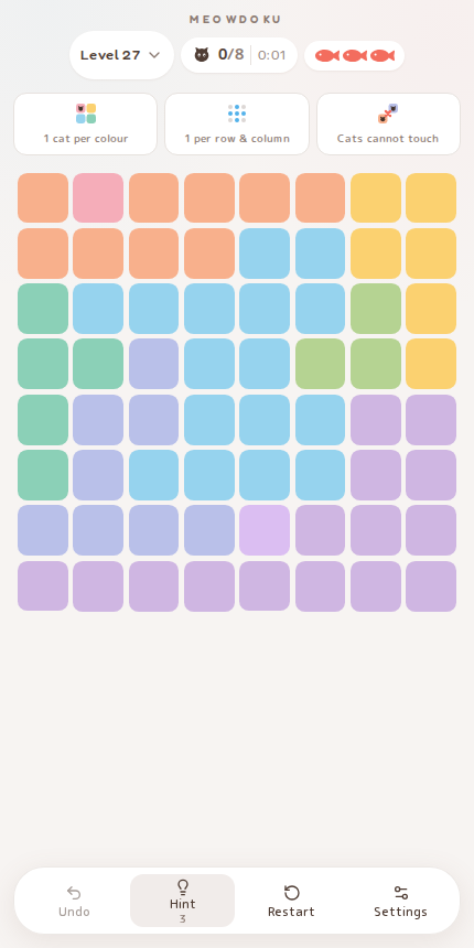 Meowdoku Level 27 starting board in the cat puzzle game