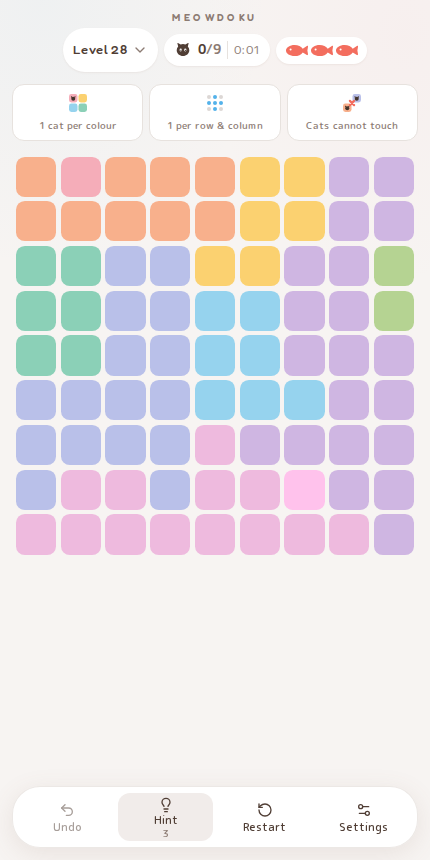 Meowdoku Level 28 starting board in the cat puzzle game