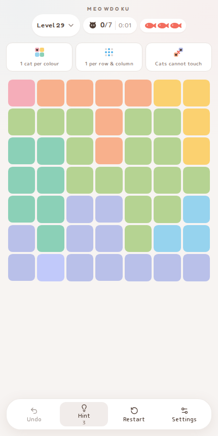 Meowdoku Level 29 starting board in the cat puzzle game