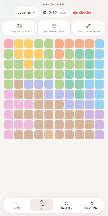 Meowdoku Level 30 starting board in the cat puzzle game