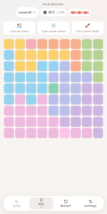 Meowdoku Level 31 starting board in the cat puzzle game