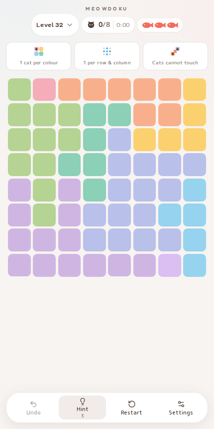 Meowdoku Level 32 starting board in the cat puzzle game