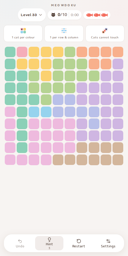Meowdoku Level 33 starting board in the cat puzzle game