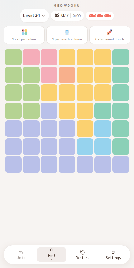 Meowdoku Level 34 starting board in the cat puzzle game