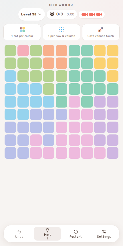 Meowdoku Level 35 starting board in the cat puzzle game