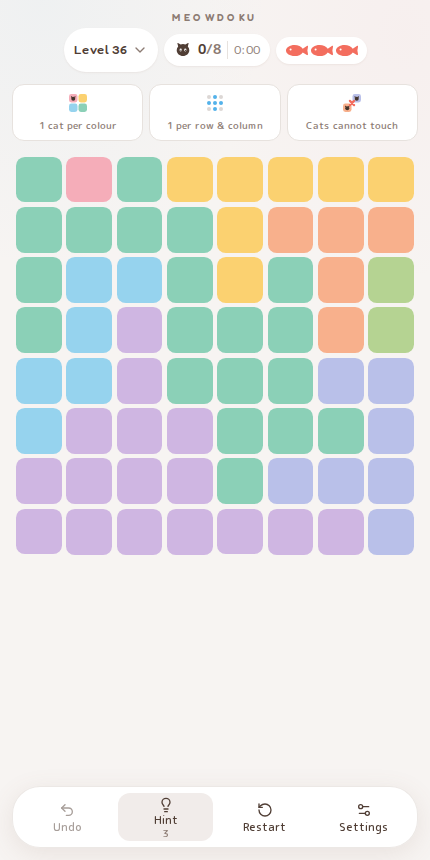 Meowdoku Level 36 starting board in the cat puzzle game
