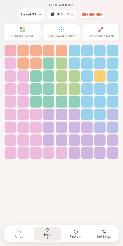 Meowdoku Level 37 starting board in the cat puzzle game