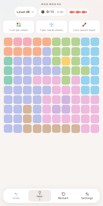 Meowdoku Level 38 starting board in the cat puzzle game