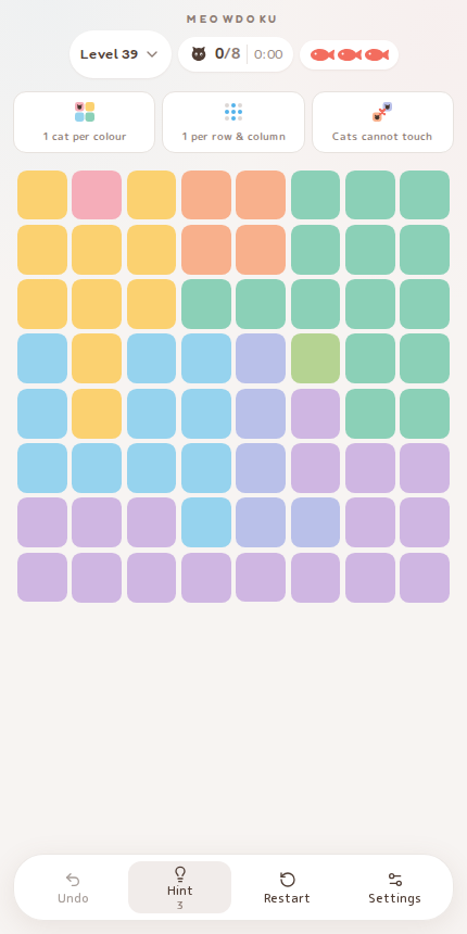 Meowdoku Level 39 starting board in the cat puzzle game