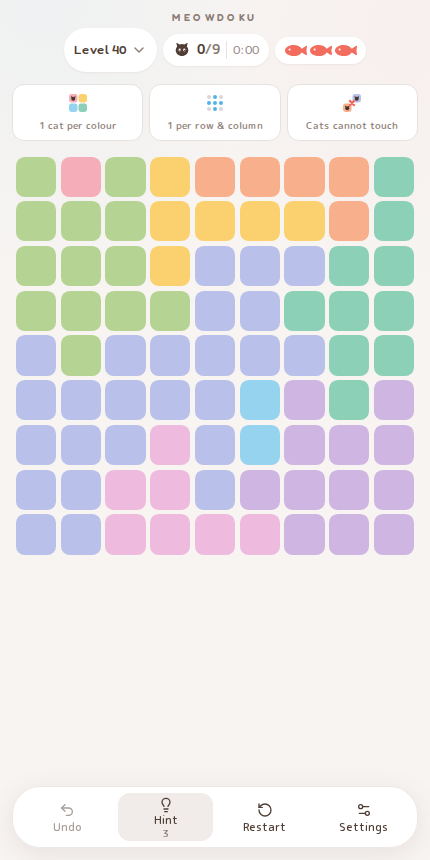 Meowdoku Level 40 starting board in the cat puzzle game