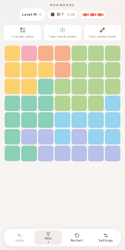 Meowdoku Level 41 starting board in the cat puzzle game