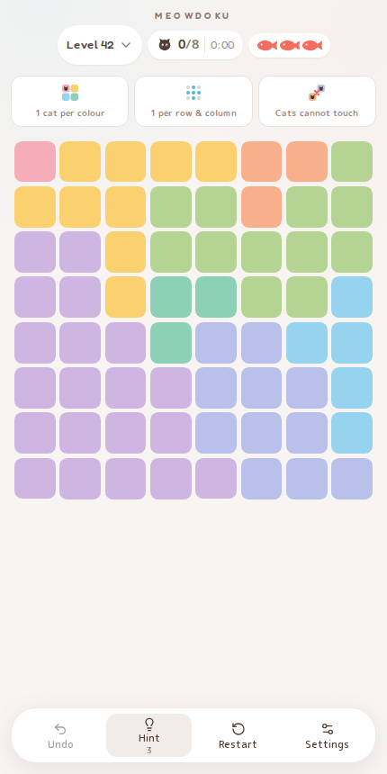 Meowdoku Level 42 starting board in the cat puzzle game