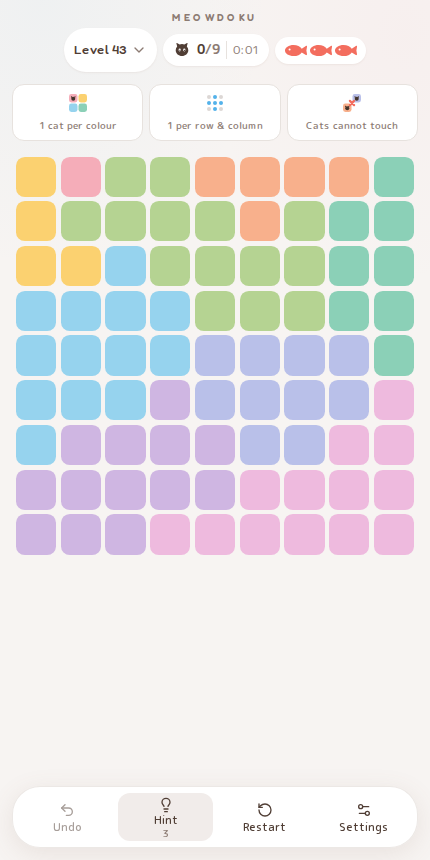 Meowdoku Level 43 starting board in the cat puzzle game