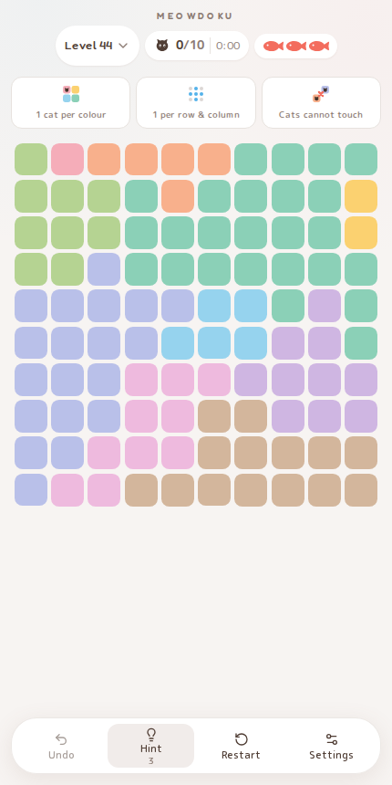 Meowdoku Level 44 starting board in the cat puzzle game