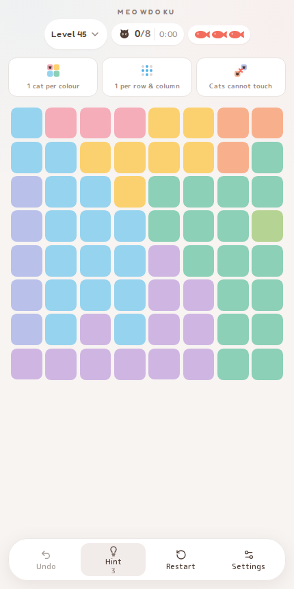 Meowdoku Level 45 starting board in the cat puzzle game