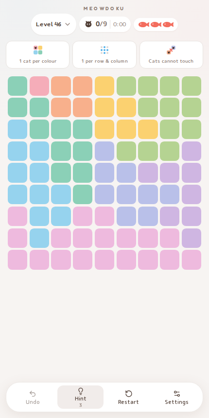 Meowdoku Level 46 starting board in the cat puzzle game