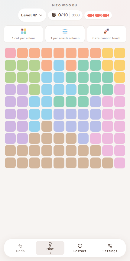 Meowdoku Level 47 starting board in the cat puzzle game