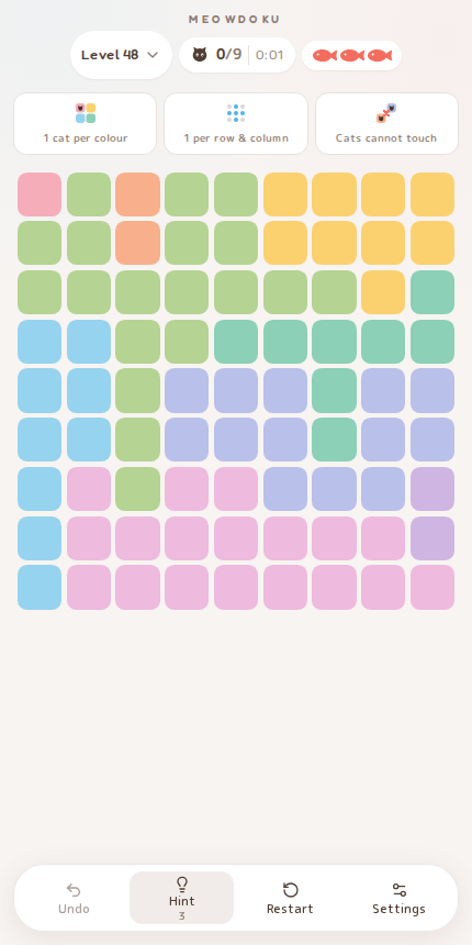 Meowdoku Level 48 starting board in the cat puzzle game