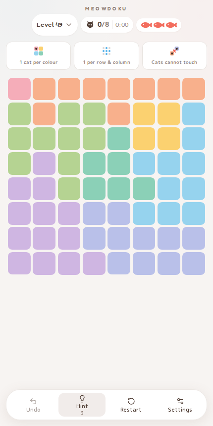 Meowdoku Level 49 starting board in the cat puzzle game