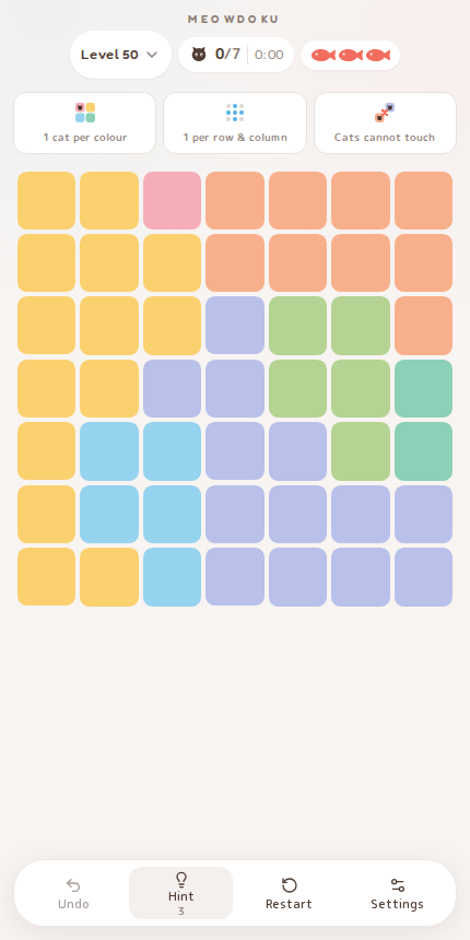 Meowdoku Level 50 starting board in the cat puzzle game