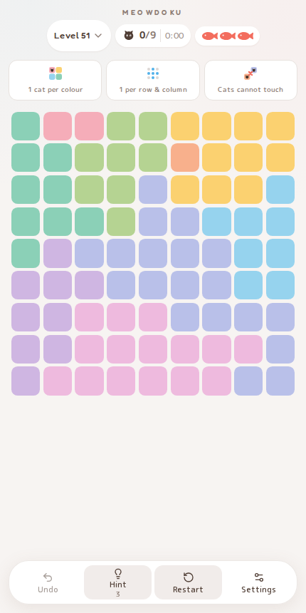 Meowdoku Level 51 starting board in the cat puzzle game