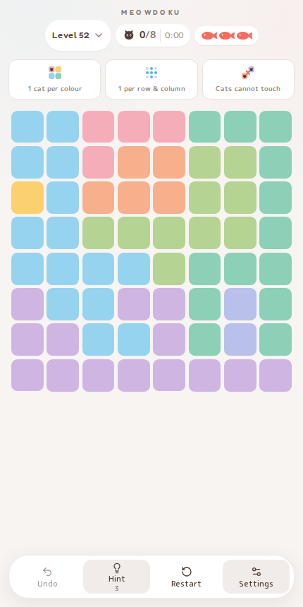 Meowdoku Level 52 starting board in the cat puzzle game