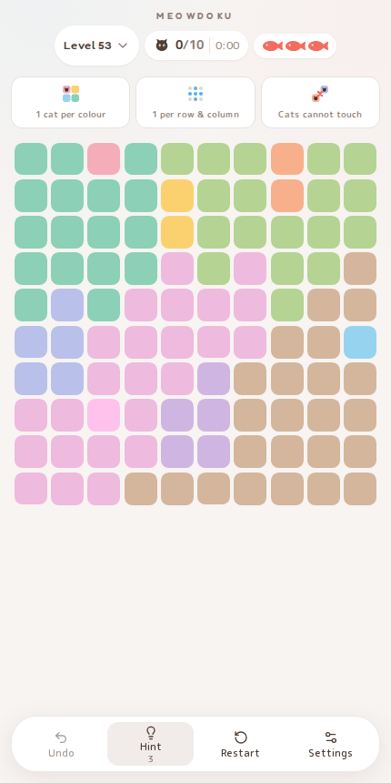 Meowdoku Level 53 starting board in the cat puzzle game