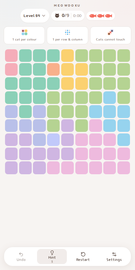 Meowdoku Level 54 starting board in the cat puzzle game