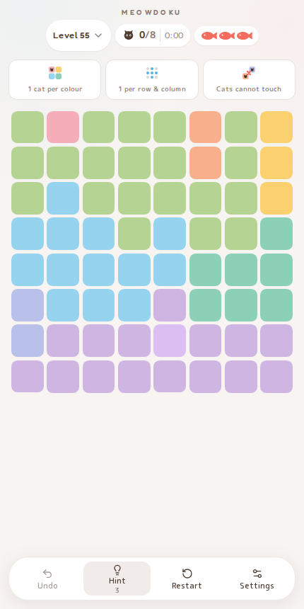 Meowdoku Level 55 starting board in the cat puzzle game
