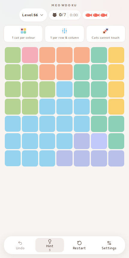 Meowdoku Level 56 starting board in the cat puzzle game