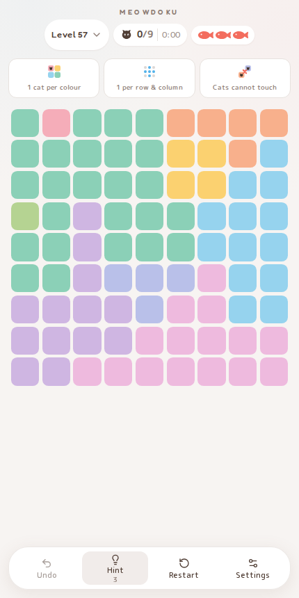 Meowdoku Level 57 starting board in the cat puzzle game