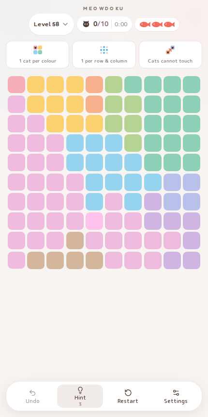 Meowdoku Level 58 starting board in the cat puzzle game