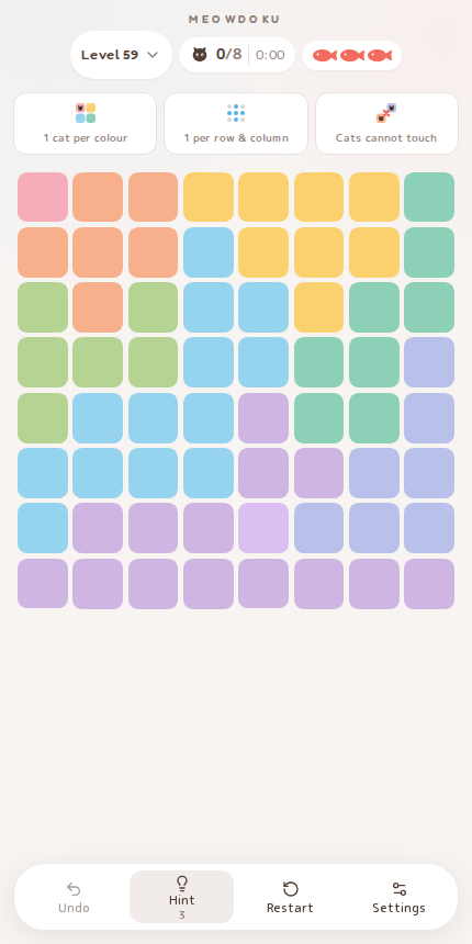 Meowdoku Level 59 starting board in the cat puzzle game