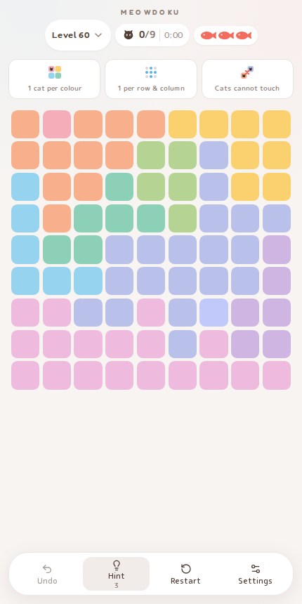 Meowdoku Level 60 starting board in the cat puzzle game